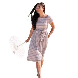 Gal Meets Glam Dress Midi Tie Size 0 Tanya Striped Seersucker Square Neck Beachy